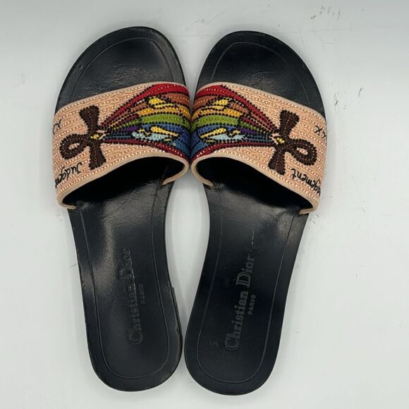 CHRISTIAN DIOR Multicolor Beaded Tarot Card Slide Sandals Size 37.5/ US 7.5 - Picture 7 of 11